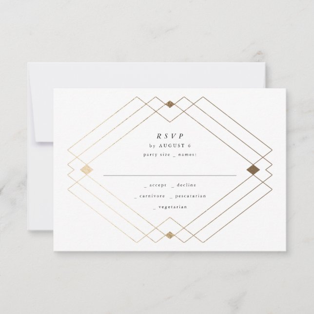 Gold Diamond Pink Geometric Deco Gatsby Wedding RSVP Card (Front)