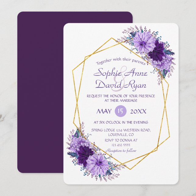 Gold Diamond Purple Floral Geometric Wedding Invitation (Front/Back)