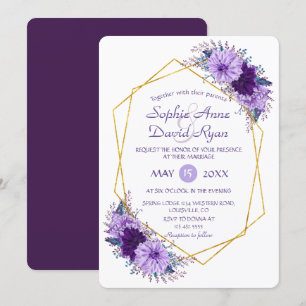 Gold Diamond Purple Floral Geometric Wedding Invitation
