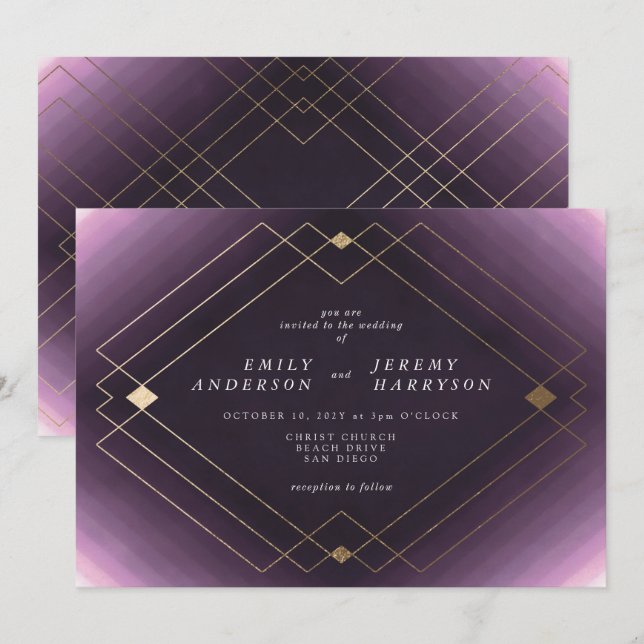 Gold Diamond Purple Geometric Deco Gatsby Wedding Invitation (Front/Back)