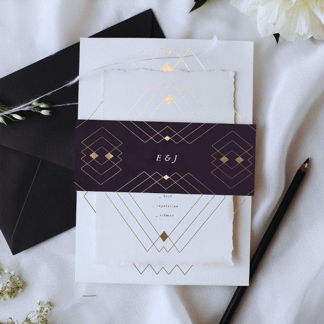 Gold Diamond Purple Geometric Deco Gatsby Wedding Invitation Belly Band (Creator Uploaded)