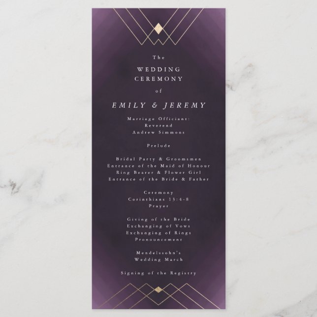 Gold Diamond Purple Geometric Deco Gatsby Wedding Programme (Front)