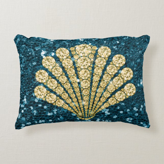 Gold Diamond Seashell Teal Faux Glitter Decorative Cushion (Front)