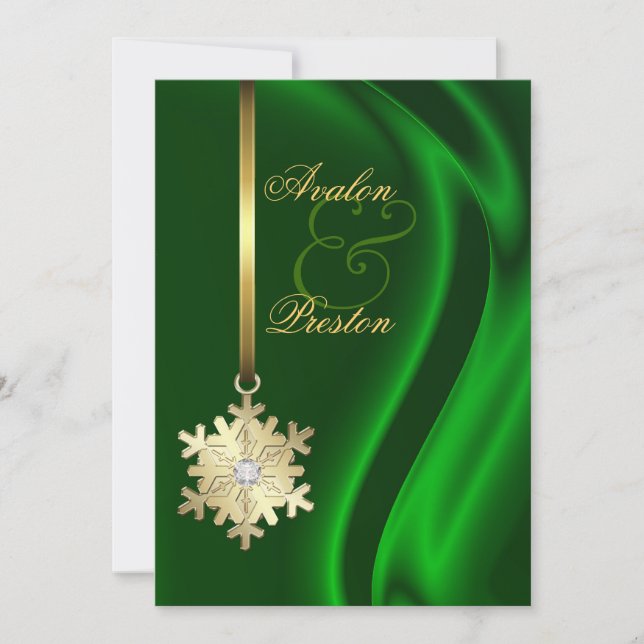 Gold Diamond Snowflake Green Silk Invitation (Front)