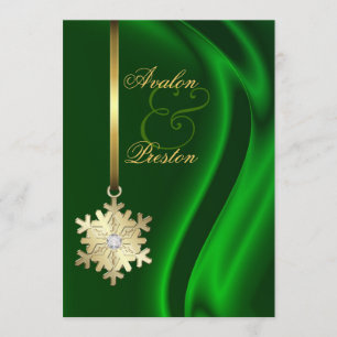 Gold Diamond Snowflake Green Silk Invitation