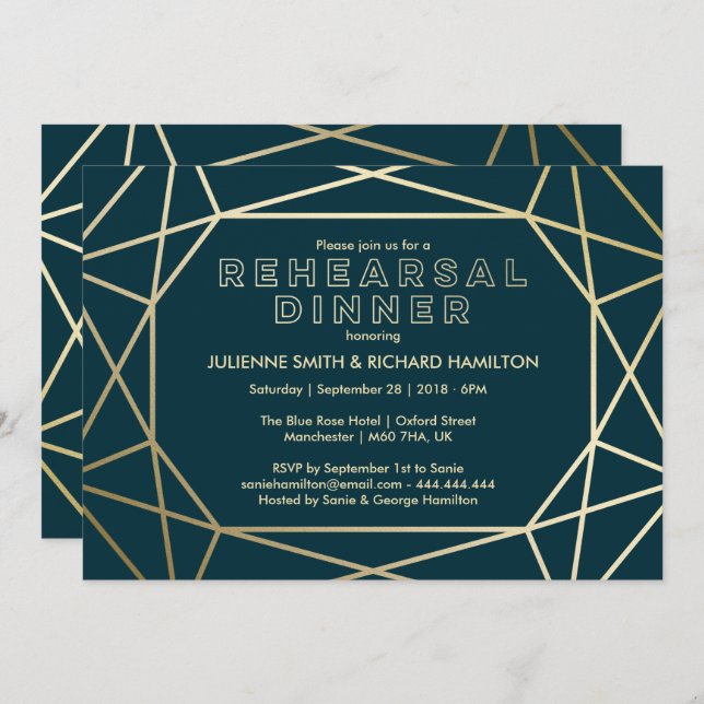 Gold Diamond Sophisticated Rehearsal Dinner Invitation (Front/Back)