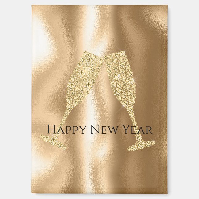 Gold Diamond Sparkle Champagne Glasses New Year's Magnet (Front)