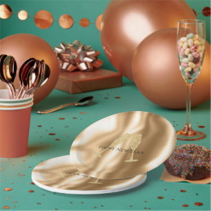 Gold Diamond Sparkle Champagne Glasses New Year's Paper Plate