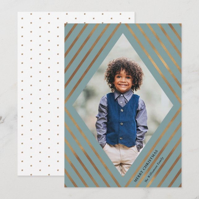 Gold Diamond Stripes Light Frame Photo Christmas Holiday Card (Front/Back)