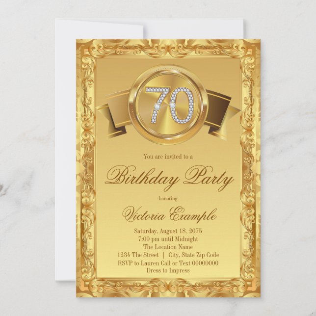 Gold Diamond Swirl Fancy 70th Birthday Invitation (Front)
