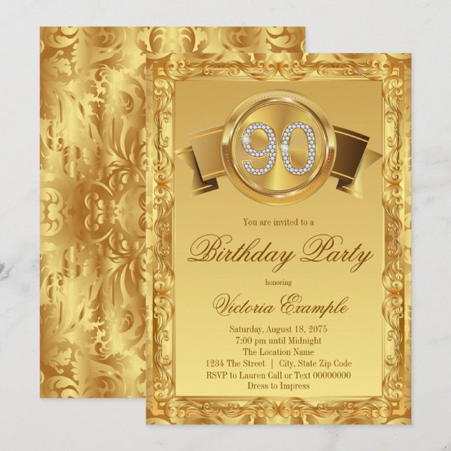 Gold Diamond Swirl Womans 90th Birthday Invitation (Front/Back)