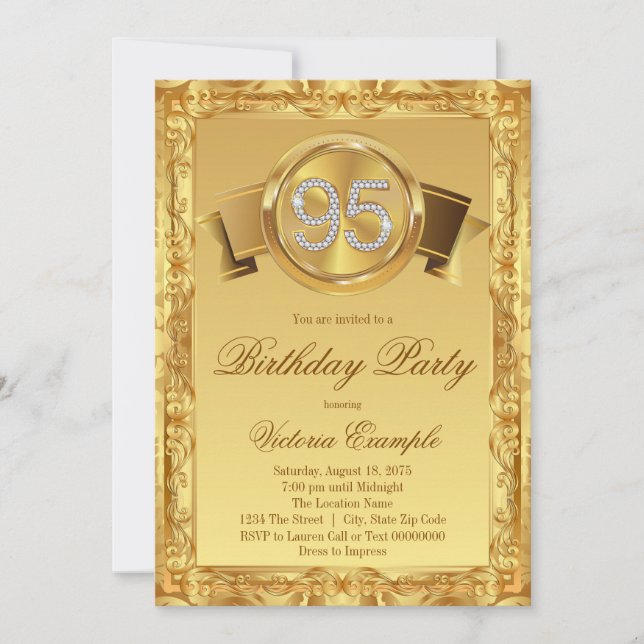 Gold Diamond Swirl Womans 95th Birthday Invitation (Front)