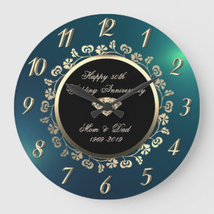 Gold Diamond Swirls,Green 50th Wedding Anniversary Large Clock