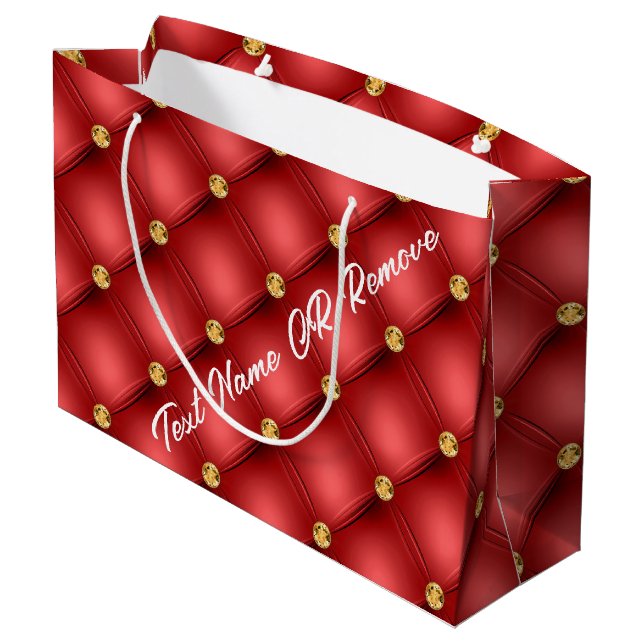 Gold Diamond Tufted Custom Text Red Gift Bag (Back Angled)