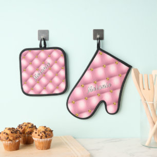 Gold Diamond Tufted Custom Your Name Pink Oven Mitt & Pot Holder Set