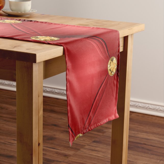Gold Diamond Tufted Leather Red Table Runner (In Situ)