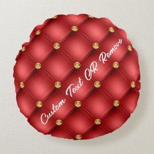 Gold Diamond Tufted Leather Your Text Name Red Round Cushion