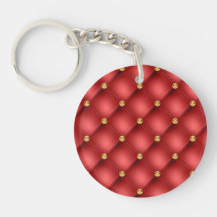 Gold Diamond Tufted Red Leather Keychain