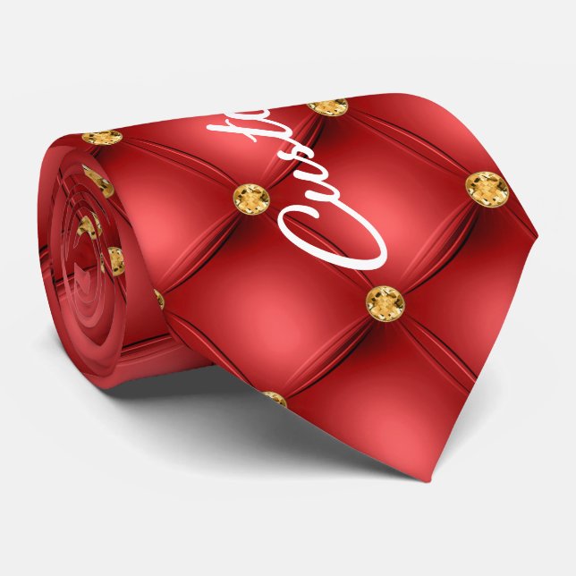 Gold Diamond Tufted Red Leather Neck Tie Your Text (Rolled)