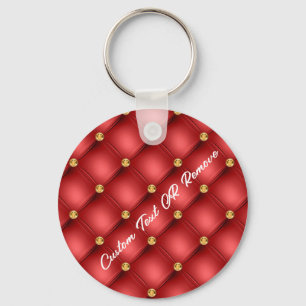 Gold Diamond Tufted Red Leather Text Name Keychain