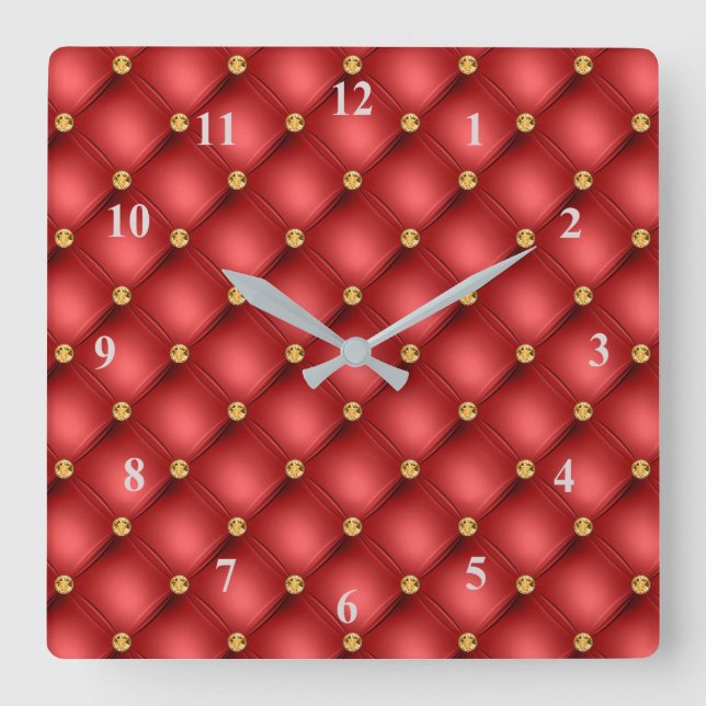 Gold Diamond Tufted Red Leather Wall Clock (Front)