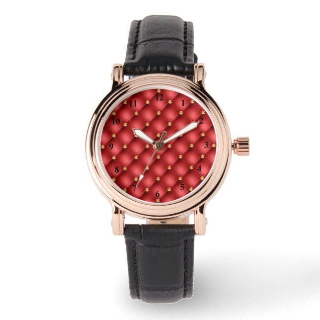 Gold Diamond Tufted Red Leather Watch (Front)