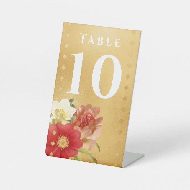 Gold Diamond Vintage Roses Table Number Pedestal Sign (Front)