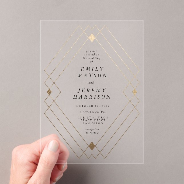 Gold Diamond White Geometric Deco Gatsby Wedding Acrylic Invitations (Insitu (Handheld))