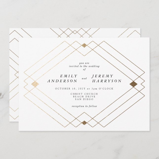 Gold Diamond White Geometric Deco Gatsby Wedding Invitation (Front/Back)