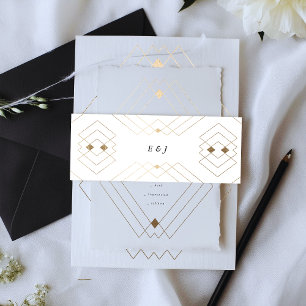 Gold Diamond White Geometric Deco Gatsby Wedding Invitation Belly Band