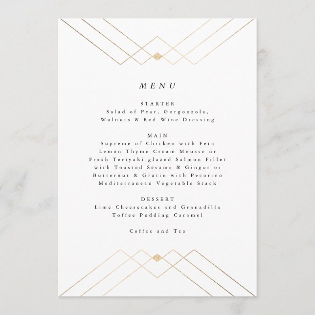 Gold Diamond White Geometric Deco Gatsby Wedding Menu (Front)