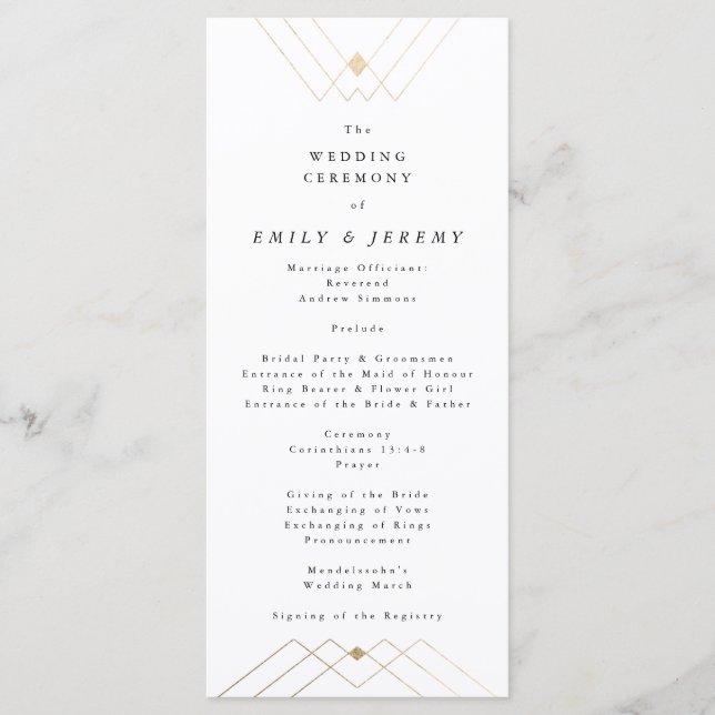 Gold Diamond White Geometric Deco Gatsby Wedding Programme (Front)