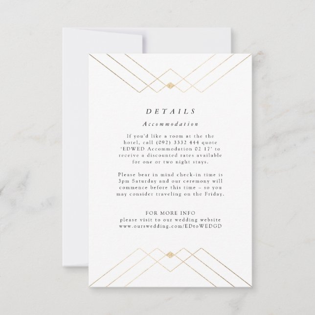 Gold Diamond White Geometric Deco Gatsby Wedding RSVP Card (Front)