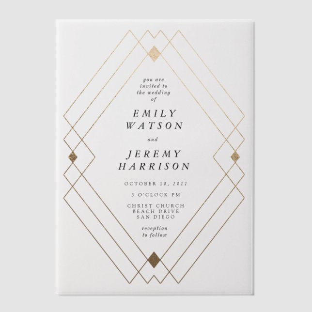 Gold Diamond White Geometric Deco Gatsby Wedding Vellum Invitations (Front)