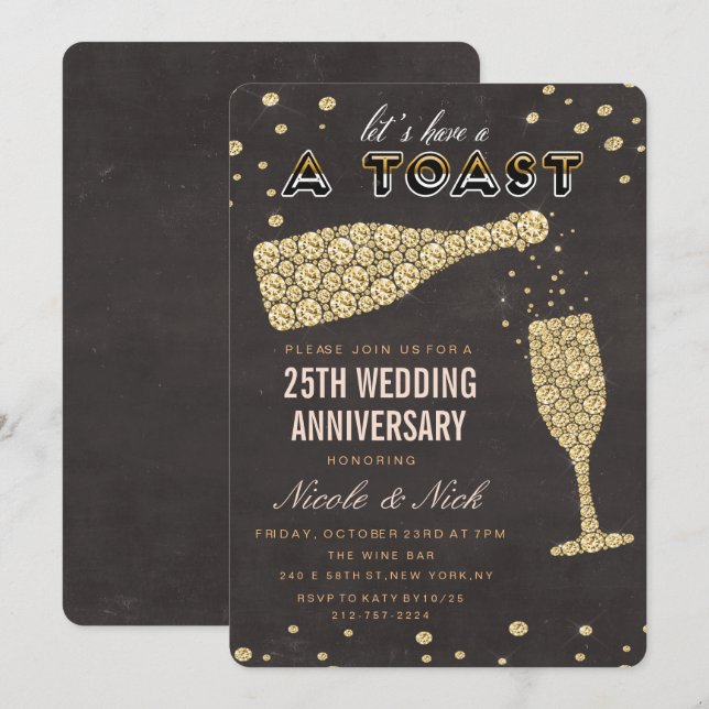 Gold Diamond Wine Glass Anniversary Invitation (Front/Back)