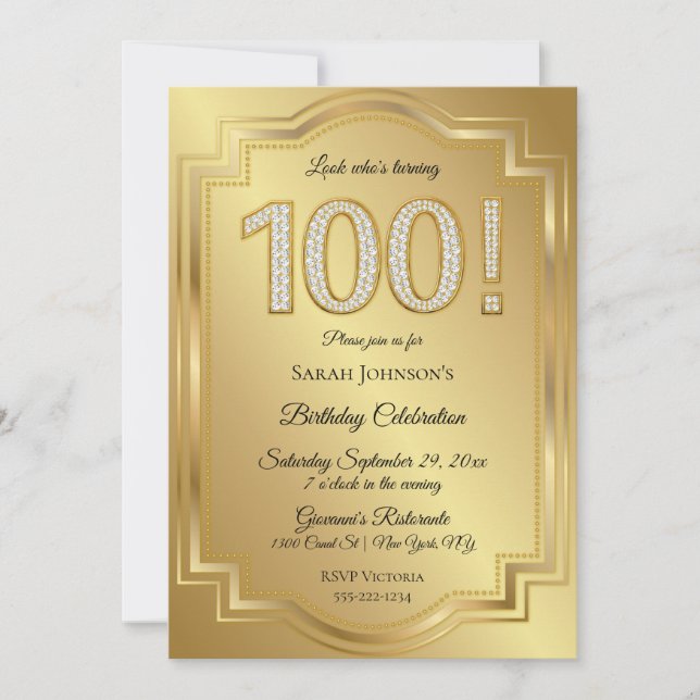 Gold & Diamonds 100th Birthday Anniversary Invitation (Front)