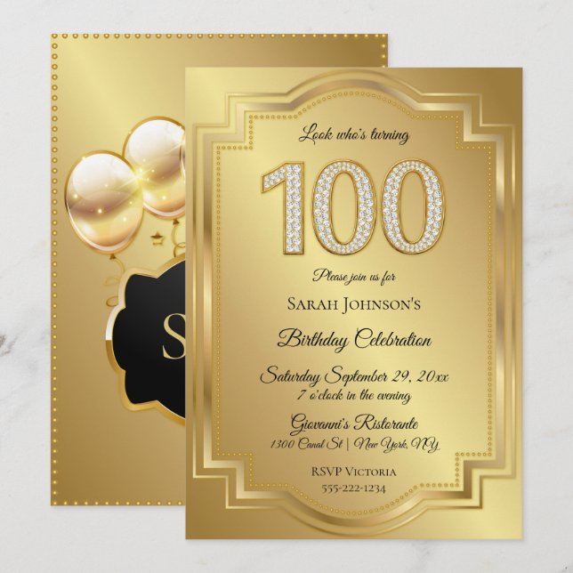 Gold & Diamonds 100th Birthday Anniversary Invitation (Front/Back)