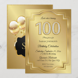 Gold & Diamonds 100th Birthday Anniversary Invitation