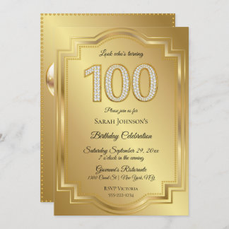 Gold & Diamonds 100th Birthday Anniversary Invitation