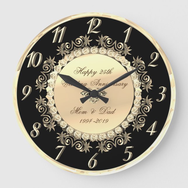 Gold Diamonds 25th Wedding Anniversary Large Clock (Front)
