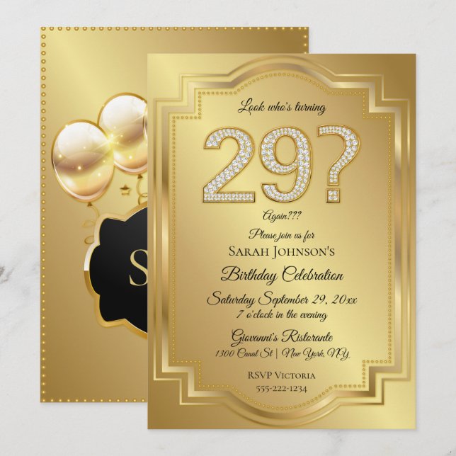 Gold & Diamonds 29th Birthday Humour Invitation (Front/Back)