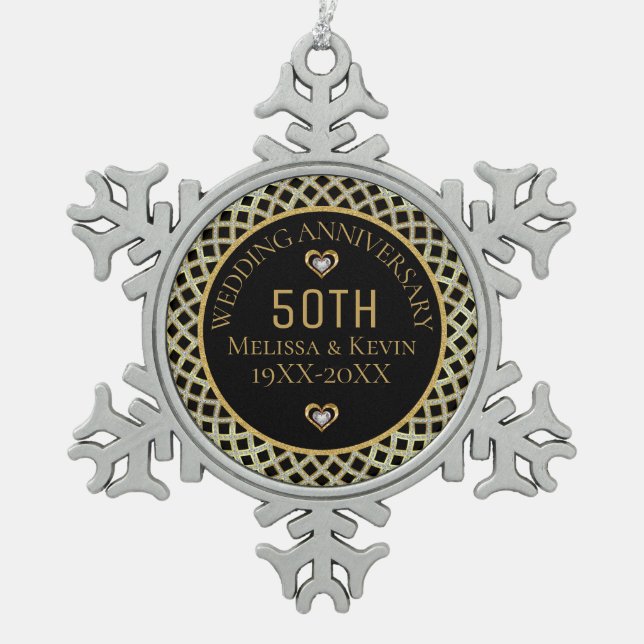 Gold & Diamonds 50th Wedding Anniversary Design Snowflake Pewter Christmas Ornament (Front)