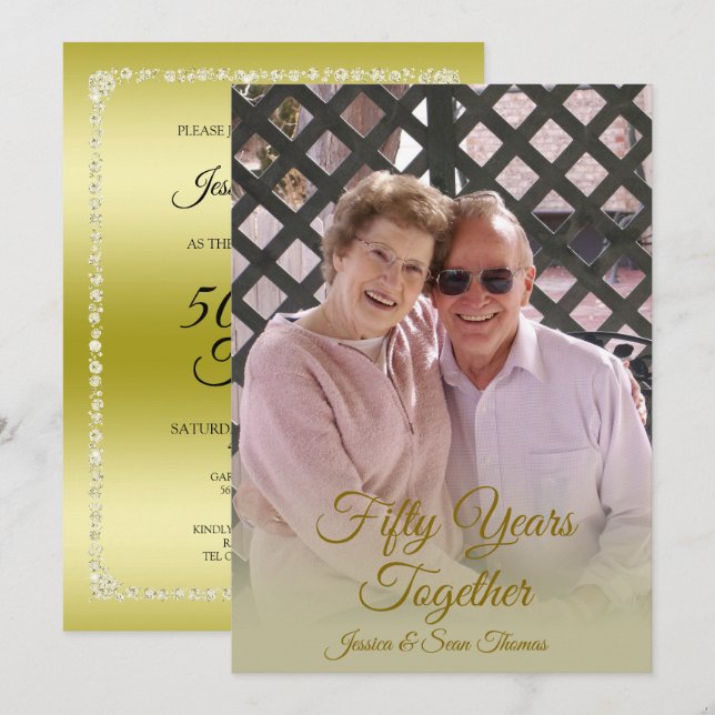 Gold Diamonds 50th Wedding Anniversary Photo Invitation (Front/Back)