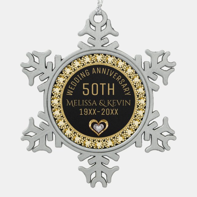 Gold Diamonds 50th Wedding Anniversary Template Snowflake Pewter Christmas Ornament (Front)