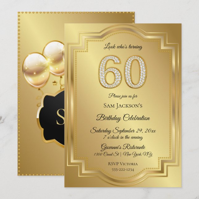 Gold & Diamonds 60th Birthday Anniversary Invitation (Front/Back)