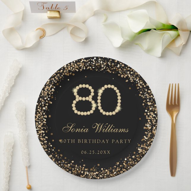 Gold Diamonds 80th Birthday Party Paper Plate (Wedding)