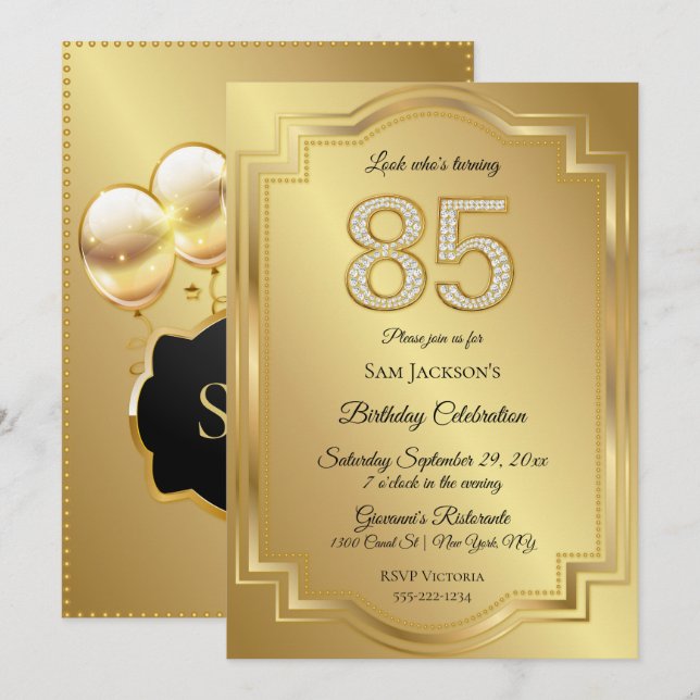 Gold & Diamonds 85th Birthday Anniversary Invitation (Front/Back)