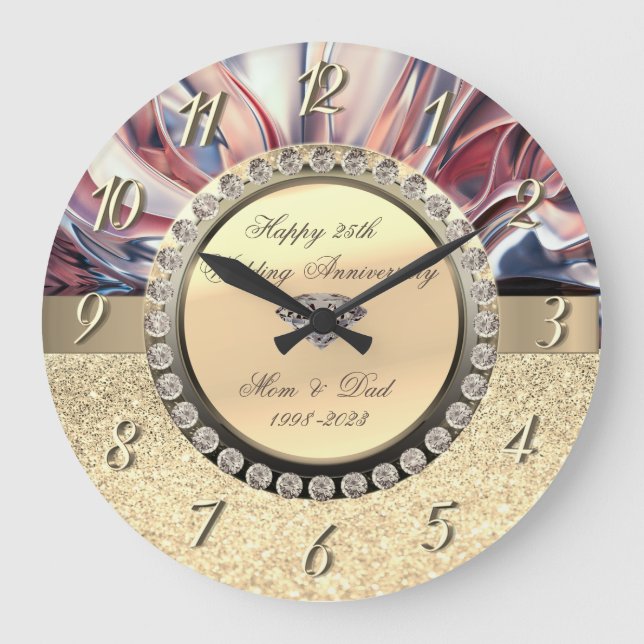 Gold Diamonds Abstract 25th Wedding Anniversary  Large Clock (Front)