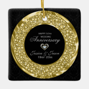 Gold Diamonds And Black Damask. 50th Anniversary Ceramic Tree Decoration
