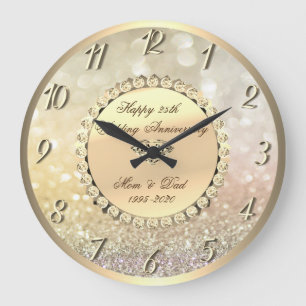 Gold Diamonds, Bokeh 25th Wedding Anniversary Large Clock